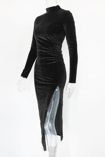 Spring & summer new 3 colors solid color stretch high neck smocked high slit stylish classic midi dress
