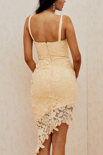 Summer new 2 colors lace solid color patchwork stretch strappy zip-up irregular slim stylish pretty mini dress