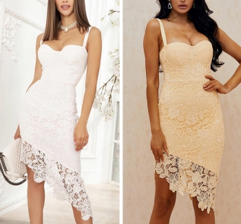 Summer new 2 colors lace solid color patchwork stretch strappy zip-up irregular slim stylish pretty mini dress