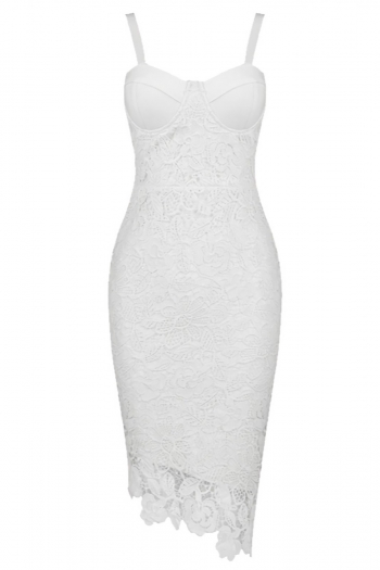 Summer new 2 colors lace solid color patchwork stretch strappy zip-up irregular slim stylish pretty mini dress