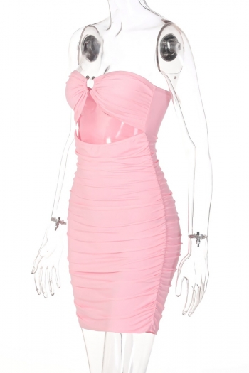 Summer new stylish solid color stretch hollow shirring tube design backless bodycon sexy mini dress