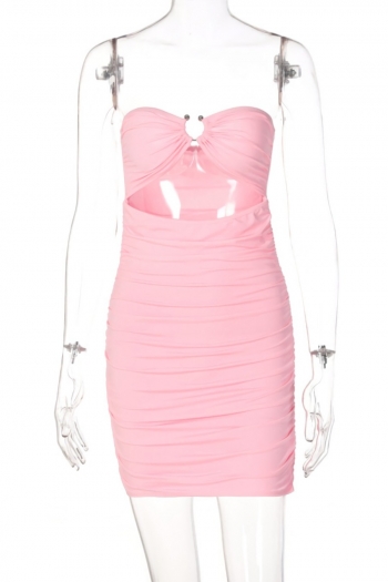 Summer new stylish solid color stretch hollow shirring tube design backless bodycon sexy mini dress