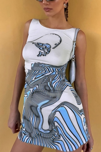 Summer new stylish stretch fixed printing sleeveless slim sexy mini dress