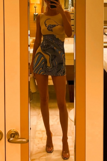 Summer new stylish stretch fixed printing sleeveless slim sexy mini dress