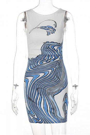 Summer new stylish stretch fixed printing sleeveless slim sexy mini dress
