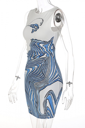 Summer new stylish stretch fixed printing sleeveless slim sexy mini dress