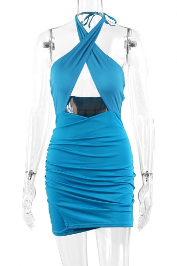 Summer new hollow stretch halter-neck lace up backless shirring bodycon sexy mini dress