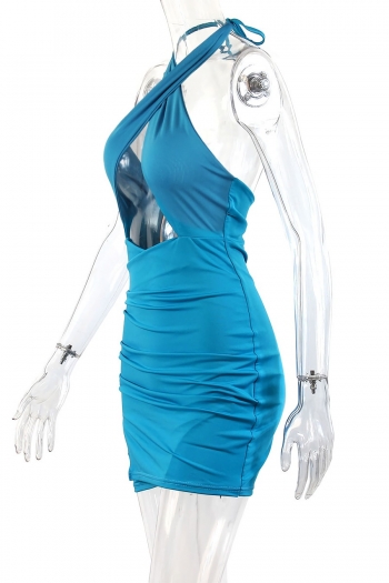 Summer new hollow stretch halter-neck lace up backless shirring bodycon sexy mini dress