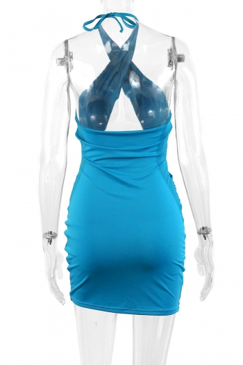 Summer new hollow stretch halter-neck lace up backless shirring bodycon sexy mini dress