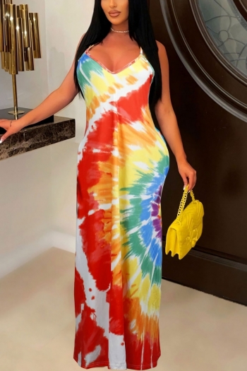 summer new stylish stretch fixed printing sling backless pocket low-cut casual maxi dress