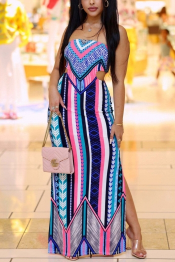 s-2xl plus size summer new stylish three colors fixed printing hollow slit stretch sexy maxi tube dress