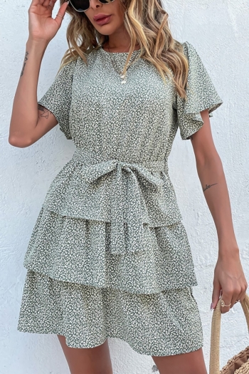 summer new stylish inelastic batch printing ruffle short sleeves with belt casual mini dress