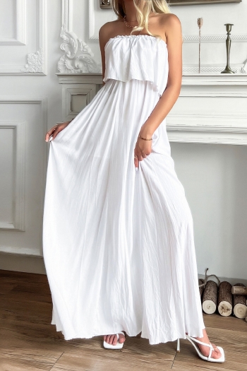 summer new 2 colors solid color inelastic off shoulder tube design ruffle shrring swing stylish simple maxi dress