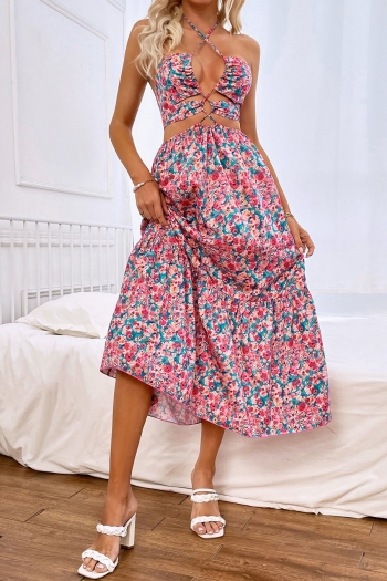S-XL summer new stylish floral batch printing halter-neck lace-up deep v-neck hollow sexy midi dress