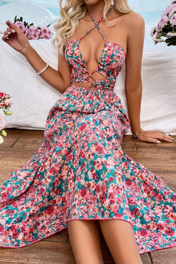 S-XL summer new stylish floral batch printing halter-neck lace-up deep v-neck hollow sexy midi dress