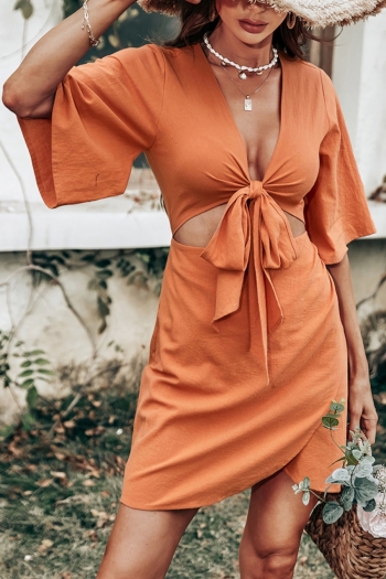 summer new stylish solid color deep v-neck button bow-kont hollow short sleeve sexy mini dress