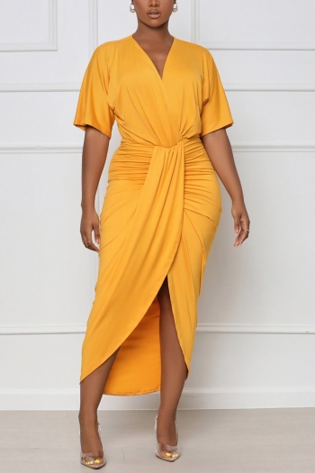 summer new 4 colors solid color stretch v-neck shirring split casual midi dress