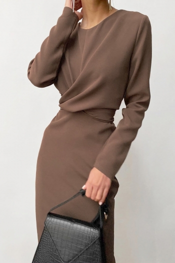 autumn new stylish three colors crew neck kink long sleeve zip-up stretch slit casual midi dress