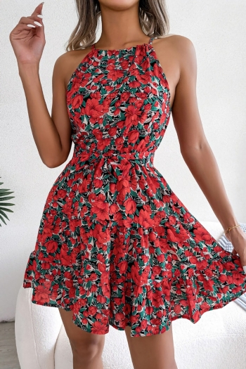 summer new stylish 3 colors floral batch printing inelastic sleeveless ruffle casual mini dress