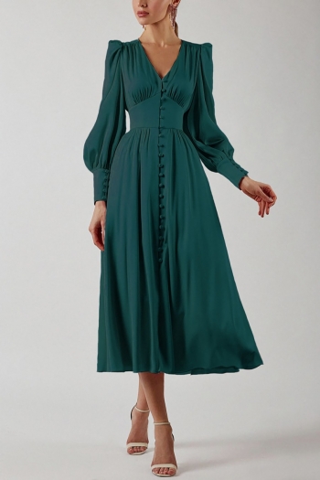 xs-xl autumn new stylish nine colors v-neck solid color lantern sleeve button inelastic casual midi dress