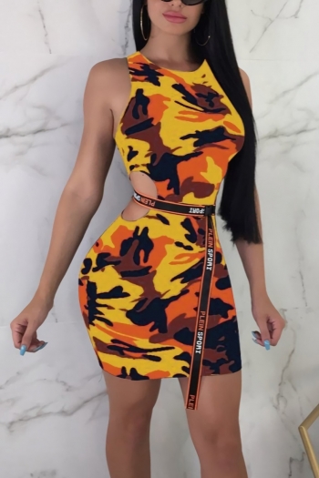 s-2xl plus size summer new 3 colors stretch camo printing hollow sleeveless bodycon sexy mini dress(without belt)