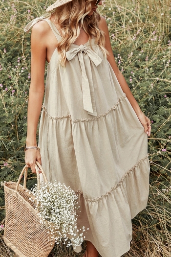 summer new stylish solid color bow-knot lace-up sling backless cotton sexy maxi dress