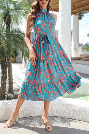 summer new stylish 3 colors inelastic floral batch printing sleeveless lace-up casual midi dress