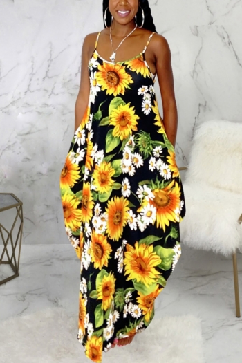s-3xl summer new plus size two colors allover sunflower batch printing stretch sling pockets loose stylish casual maxi dress
