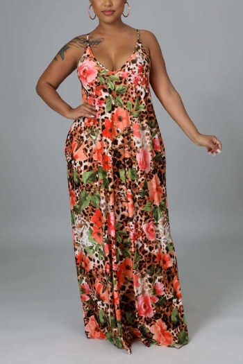 s-2xl summer new plus size allover leopard & flower batch printing stretch sling pockets loose stylish casual maxi dress