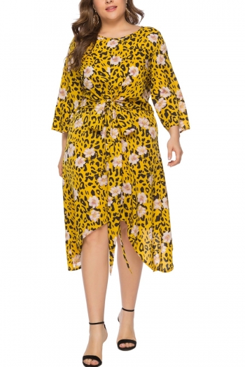 xl-6xl plus size leopard & floral batch printing inelastic waist-tie irregular stylish casual midi dress(with belt)