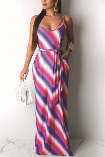 s-3xl summer new plus size two colors stripe tie dye printing stretch sling pockets floor length loose stylish casual maxi dress with belt