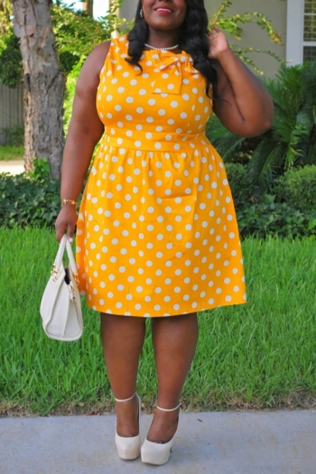 xl-5xl summer new plus size yellow polka dot printing micro-elastic bowknot decor zip-up back stylish casual midi dress