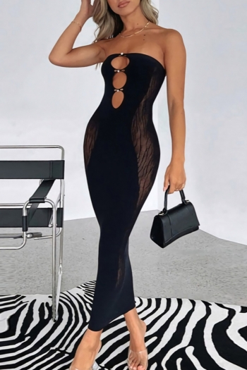 summer new two colors solid color stretch see through mesh patchwork hollow tube design slim sexy midi dress