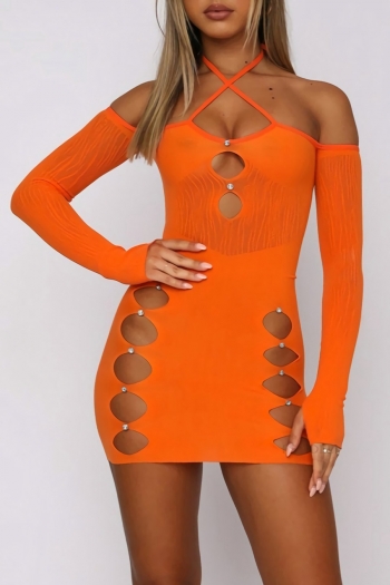 spring new 5 colors stretch see through mesh spliced rhinestone hollow halter-neck lace-up thumb hole long sleeves bodycon sexy mini dress