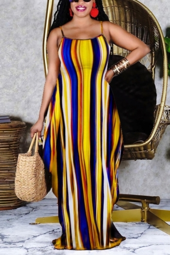 s-2xl plus size summer new stylish 5 colors stretch stripe printing sling pocket loose casual maxi dress