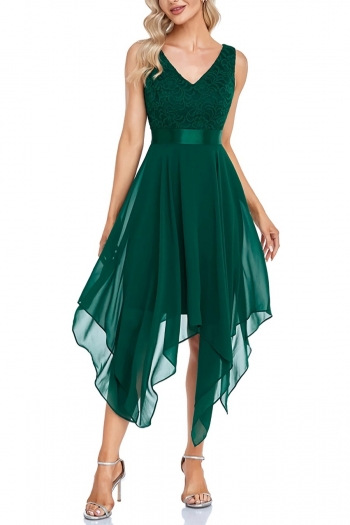 s-2xl plus size summer new stylish solid color micro elastic lace sleeveless v-neck irregular elegant midi dress