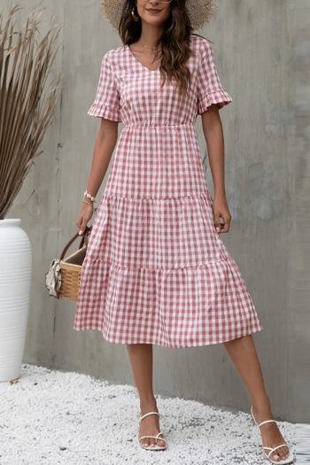 s-2xl plus size summer new stylish 4colors plaid printing inelastic short sleeves casual midi dress