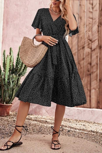 xs-l summer new stylish inelastic polka dot printing v-neck short sleeves casual midi dress(with belt)