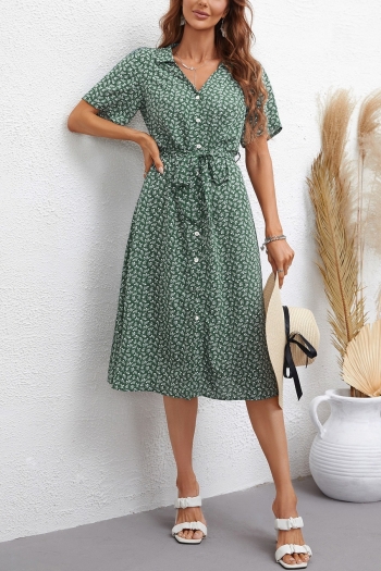 xs-l summer new floral batch printing inelastic short sleeves single-breasted with belt casual midi dress