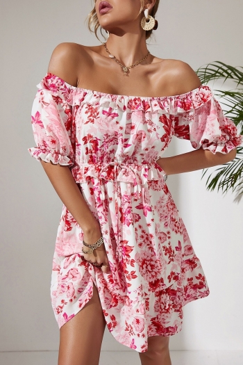 xs-l summer new stylish stretch flower printing off-the-shoulder ruffle lace-up casual mini dress