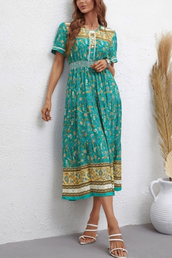 summer new stylish micro elastic floral batch printing single-breasted short sleeves v-neck casual midi dress