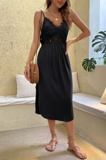 summer new stylish solid color micro elastic lace patchwork split backless sling casual midi dress