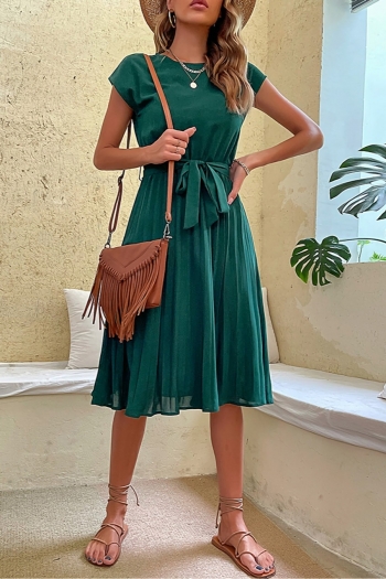 s-2xl plus size summer new stylish 3 colors solid color elastic short sleeves pleated button casual midi dress(with belt)