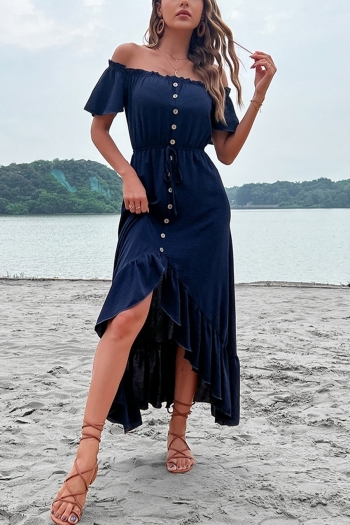 s-2xl plus size summer new stylish solid color stretch off-the-shoulder ruffle single-breasted lace-up irregular casual maxi dress