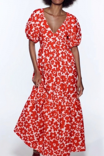 xs-l summer new stylish floral batch printing v-neck puff short sleeve inelastic high quality casual maxi dress