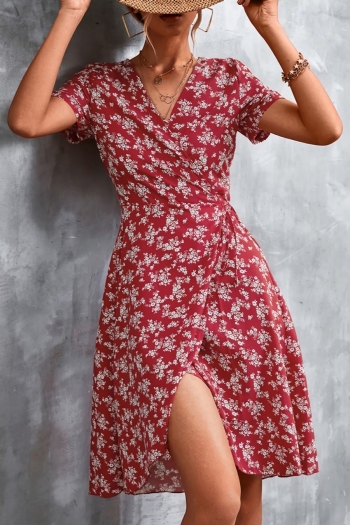 s-2xl plus size summer new two colors inelastic floral batch printing lace-up v-neck split casual midi dress