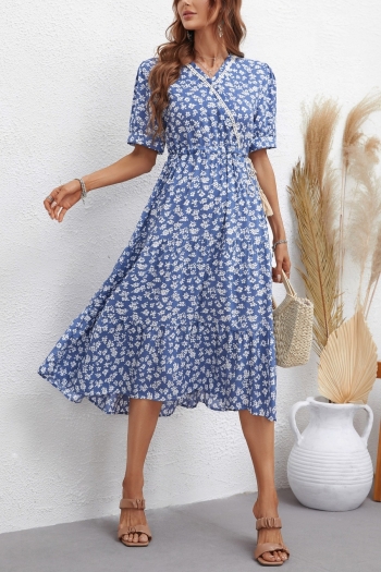 summer new two colors micro elastic floral batch printing short sleeves v-neck lace-up casual midi dress
