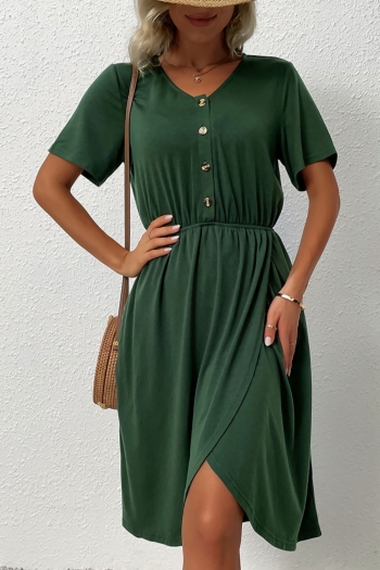 summer new stylish solid color stretch single-breasted v-neck split shirring casual midi dress