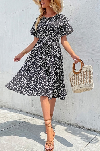 summer new stylish inelastic leopard printing short sleeves zip-up with belt casual midi dress