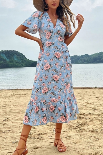summer new stylish inelastic flower printing v-neck lace-up short sleeves casual midi dress